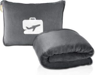 EverSnug Travel Blanket and Pillow - Premium Soft 2 in 1 Airplane Blanket with Soft Bag Pillowcase, Hand Luggage Sleeve and Backpack Clip (Grey)